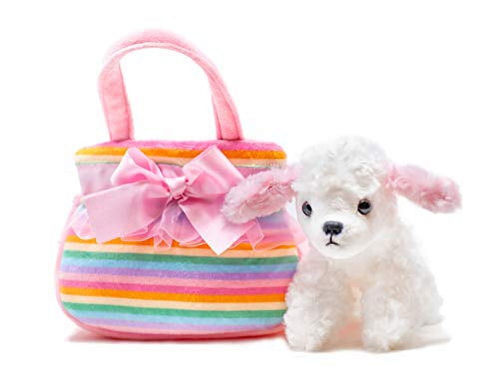 Aurora Poodle plush in rainbow pet carrier purse – collectible stuffed animal