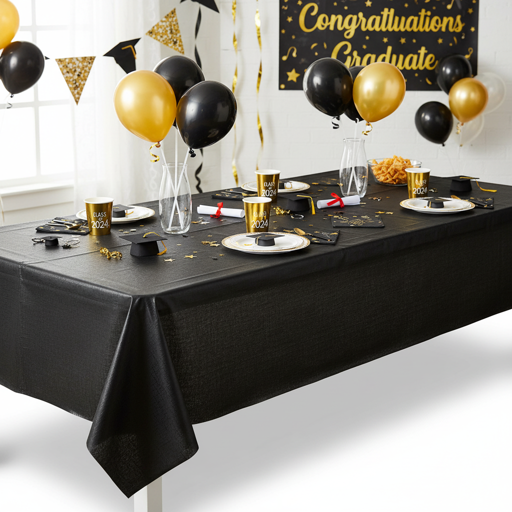Graduation-themed table setting with balloons and decorations in a celebratory room.