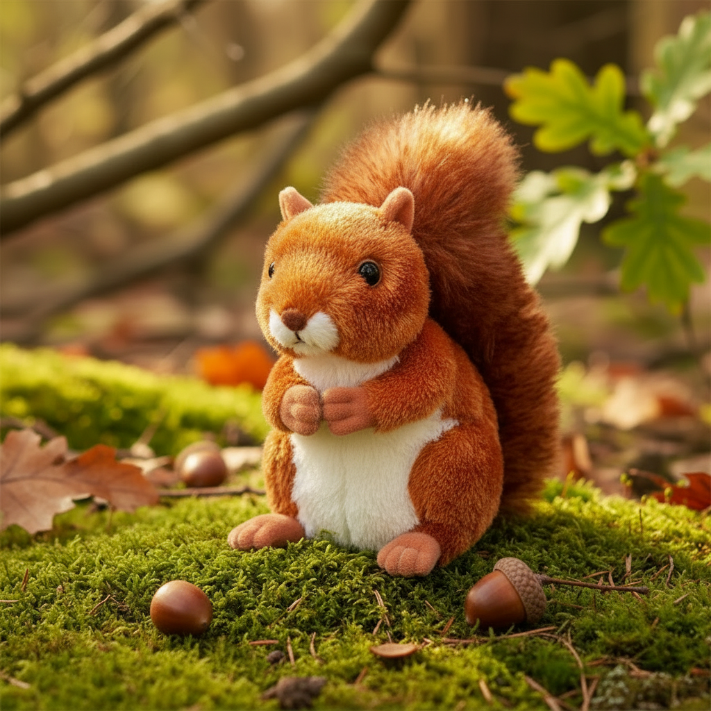 Plush squirrel toy on a grassy area with leaves and acorns