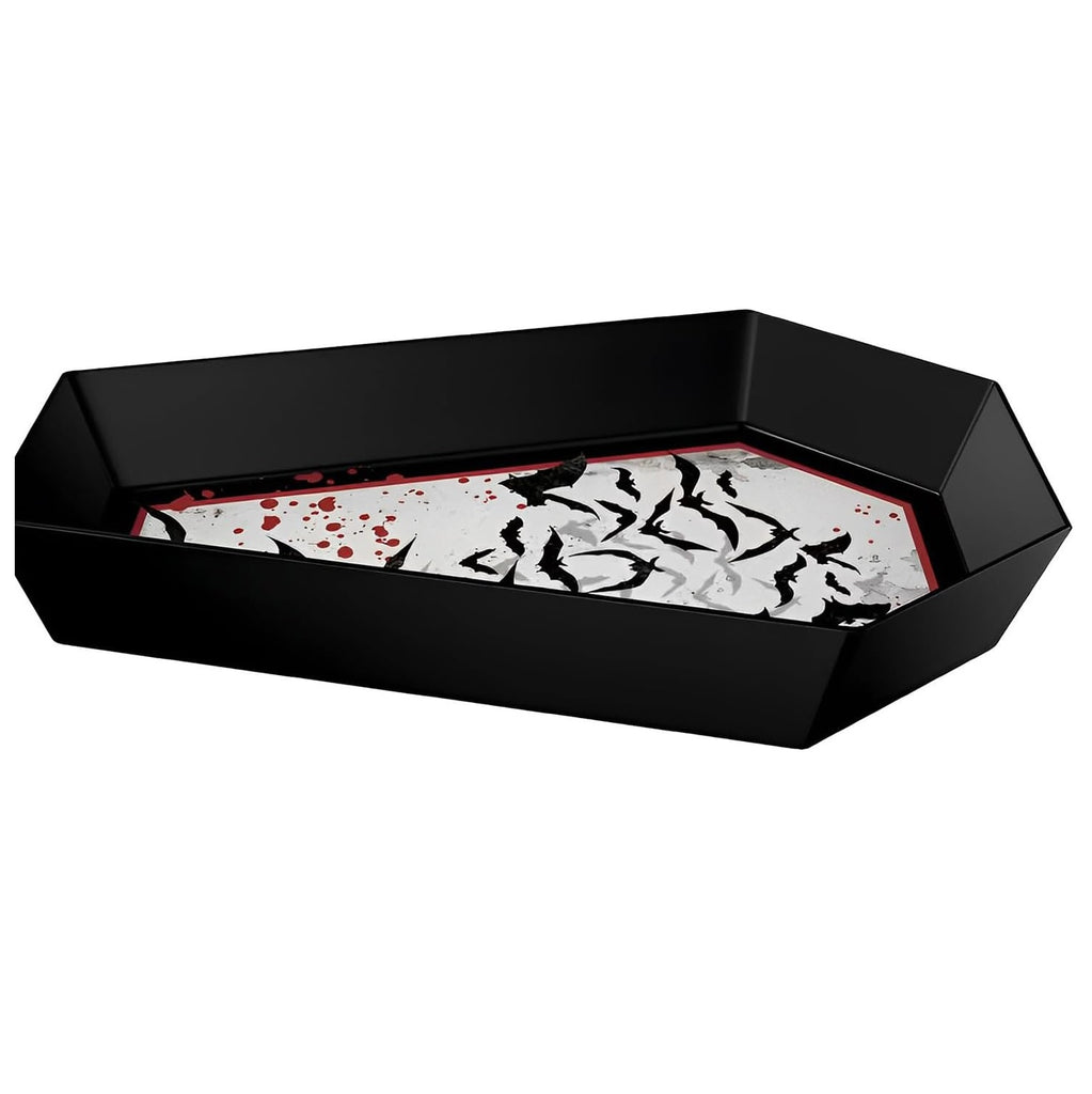 Black coffin-shaped tray with a decorative interior on a white background