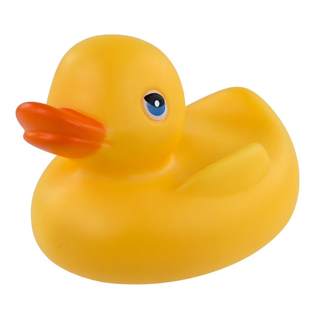 Yellow rubber duck with an orange beak on a white background
