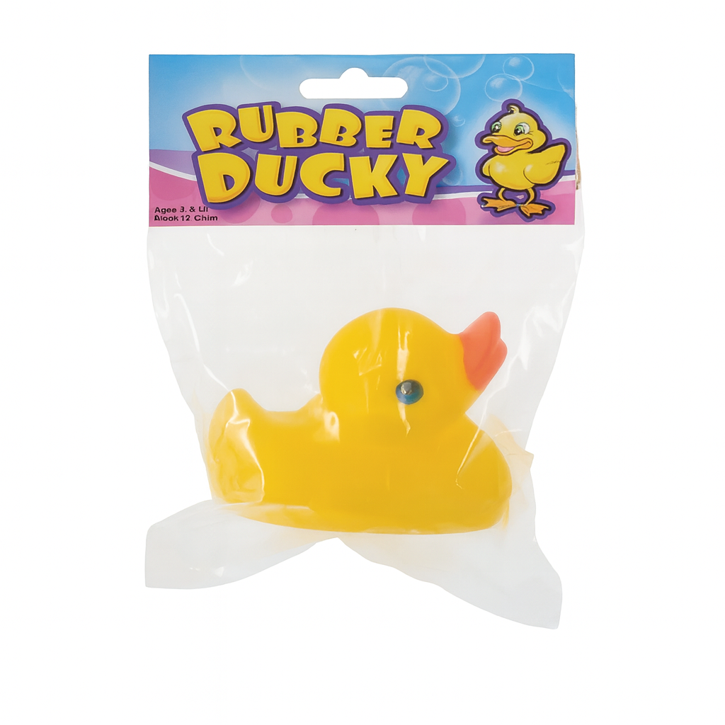 Yellow rubber duck in clear packaging with colorful 'Rubber Ducky' branding on a white background